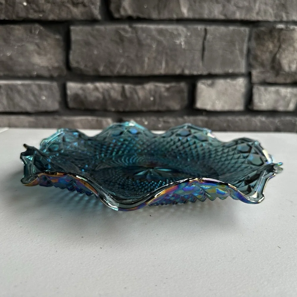Vintage Indiana Glass Blue Carnival Plate Iridescent Diamond Point Starburst 10